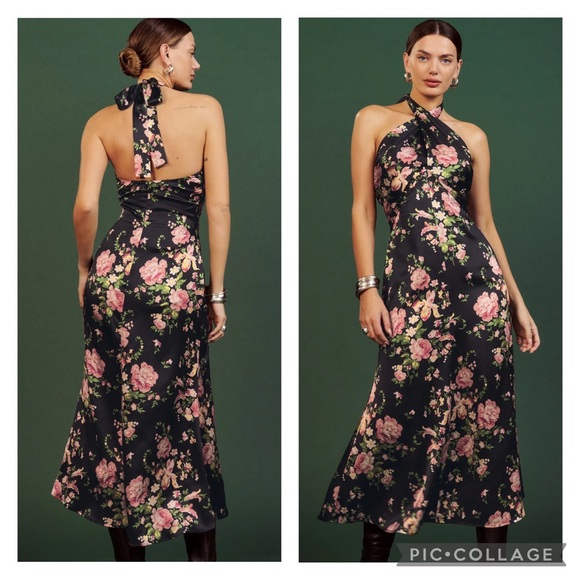 Reformation 4 Maddison Silk Halter Midi Dress Polina Black Floral - Picture 2 of 13